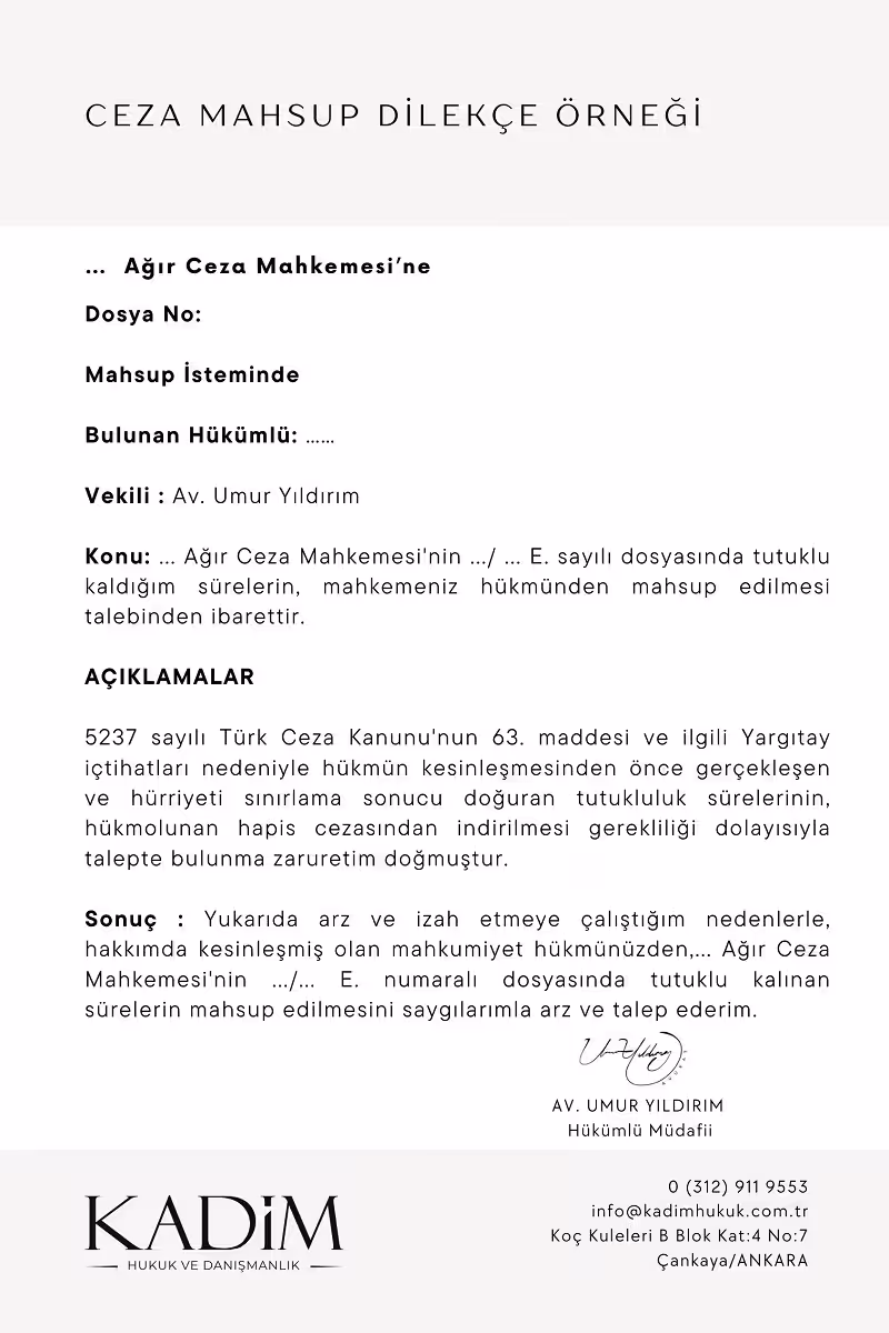 Ceza Hukukunda Mahsup - TCK 63. Madde 4 ceza mahsup dilekce ornegi word